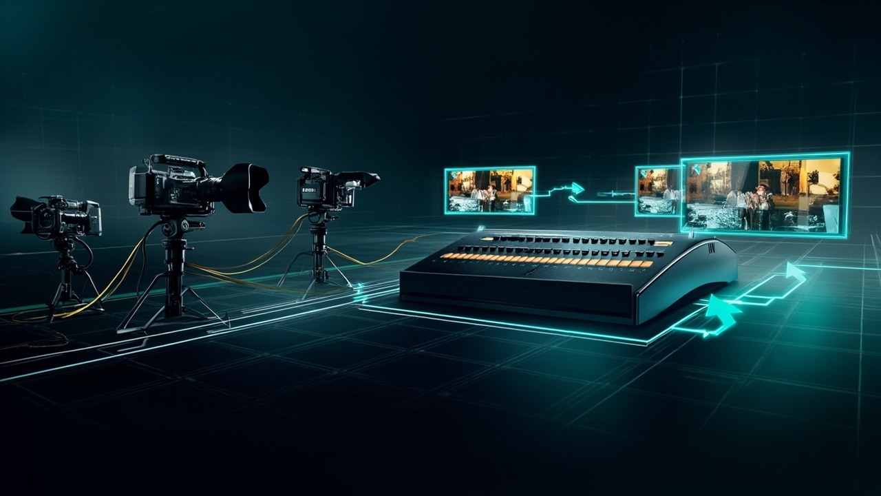 แผนภาพแสดงการทำงานของระบบ OB Switching กับกล้องหลายตัวและเครื่องสวิตช์ภาพ