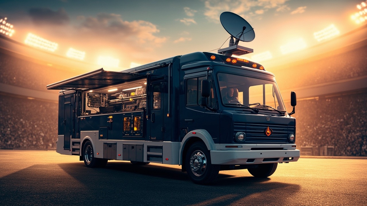 รถถ่ายทอดสดข้างนอกที่จอดในสนามกีฬาระหว่างการถ่ายทอดสด